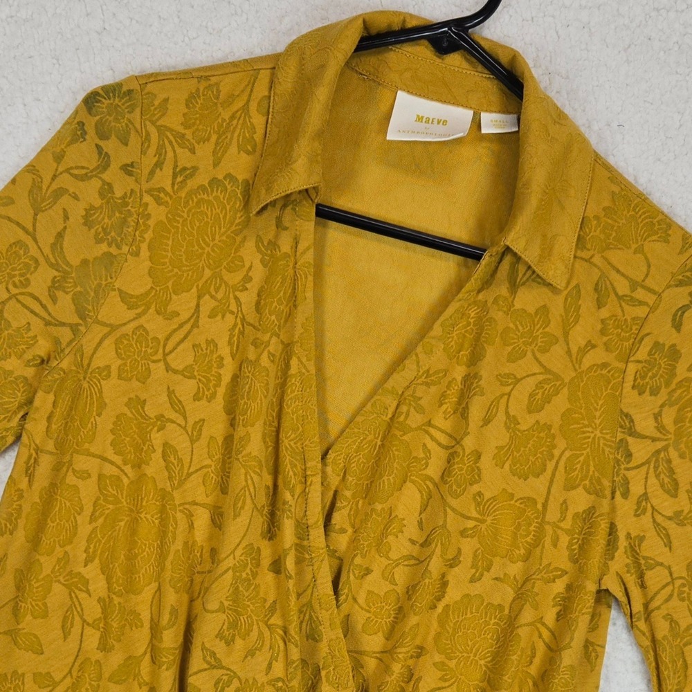 Maeve Anthropologie Women Wrap Top Small Mustard Yellow Floral Jacquard Blouse S